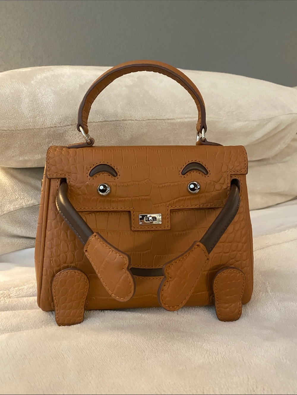 20cm brown milk chocolate leather crocodile doll idolle top handle Bag